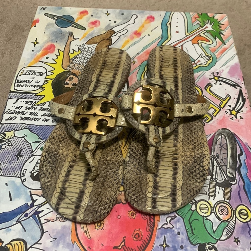 Tory Burch snakeskin slides worn with mild defect on strap (shown in photos)